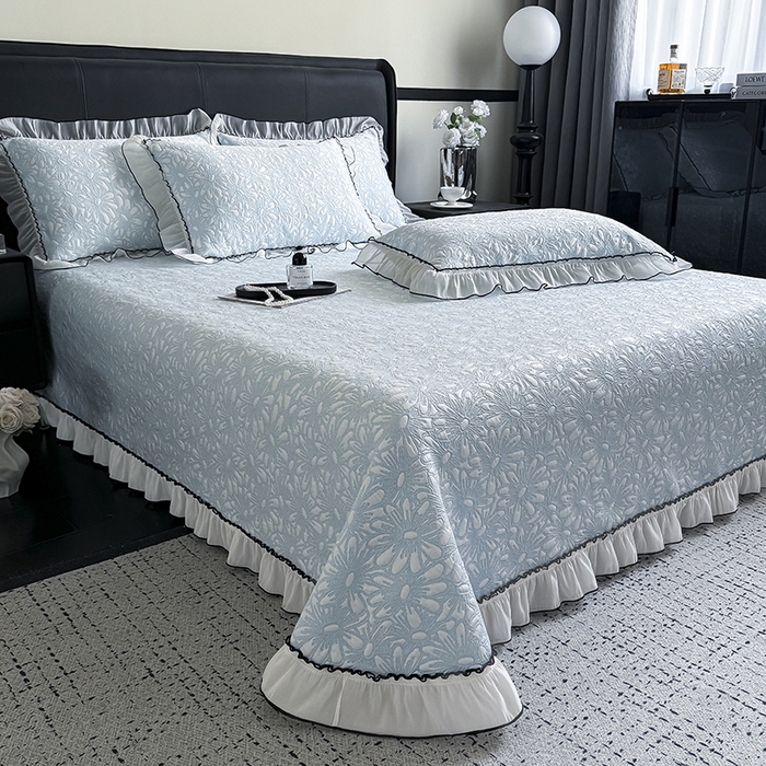 91家纺网 家纺一手货源 找家纺 卡罗兰 2026新款床盖凉席凉感豆豆凉席花边床盖冰豆豆凉席单件三件套-繁花系列 繁花-天蓝