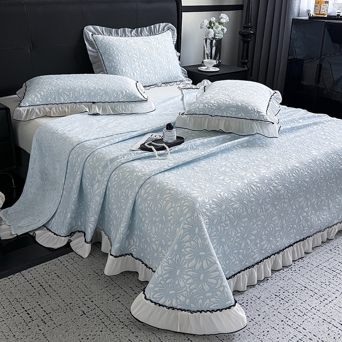 91家纺网 家纺一手货源 找家纺 卡罗兰 2026新款床盖凉席凉感豆豆凉席花边床盖冰豆豆凉席单件三件套-繁花系列 繁花-天蓝