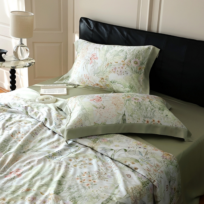 91家纺网 家纺一手货源 找家纺 久典家居 2026新款20%桑蚕丝+80%聚酯纤维宽边夏被四件套 知夏