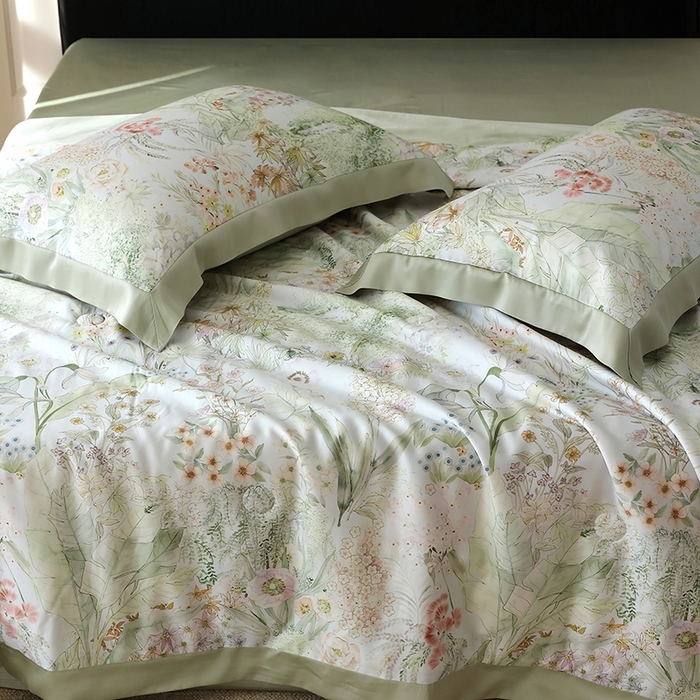 91家纺网 家纺一手货源 找家纺 久典家居 2026新款20%桑蚕丝+80%聚酯纤维宽边夏被四件套 知夏