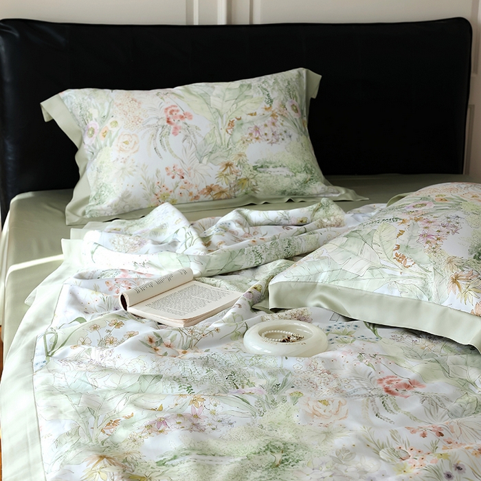 91家纺网 家纺一手货源 找家纺 久典家居 2026新款20%桑蚕丝+80%聚酯纤维宽边夏被四件套 知夏