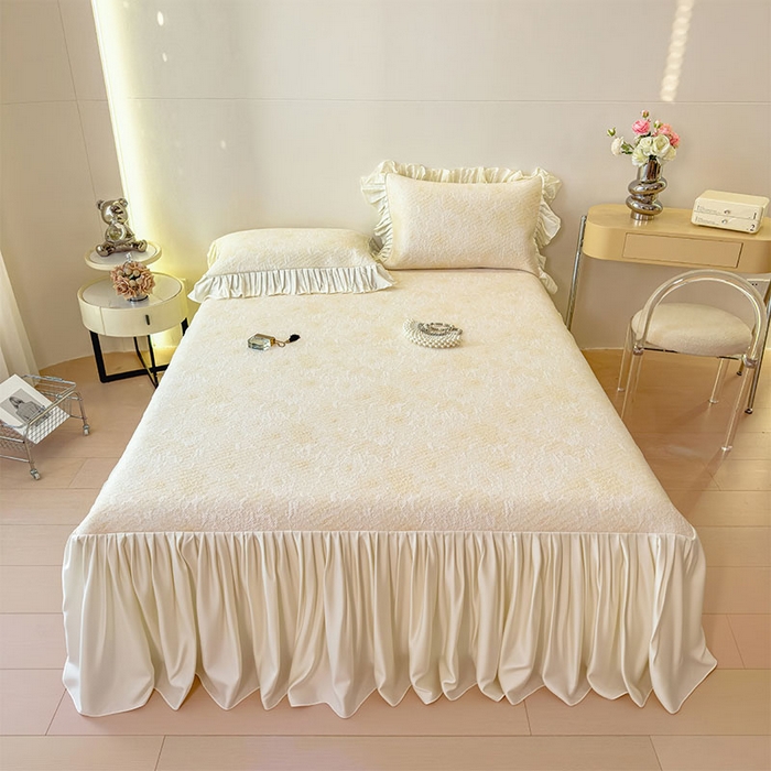 91家纺网 家纺一手货源 找家纺 莱家富 2026新款A类母婴级法式浪漫冰豆豆凉席夏天冰丝席凉感值0.21可机洗家用软席床 花园芝士黄