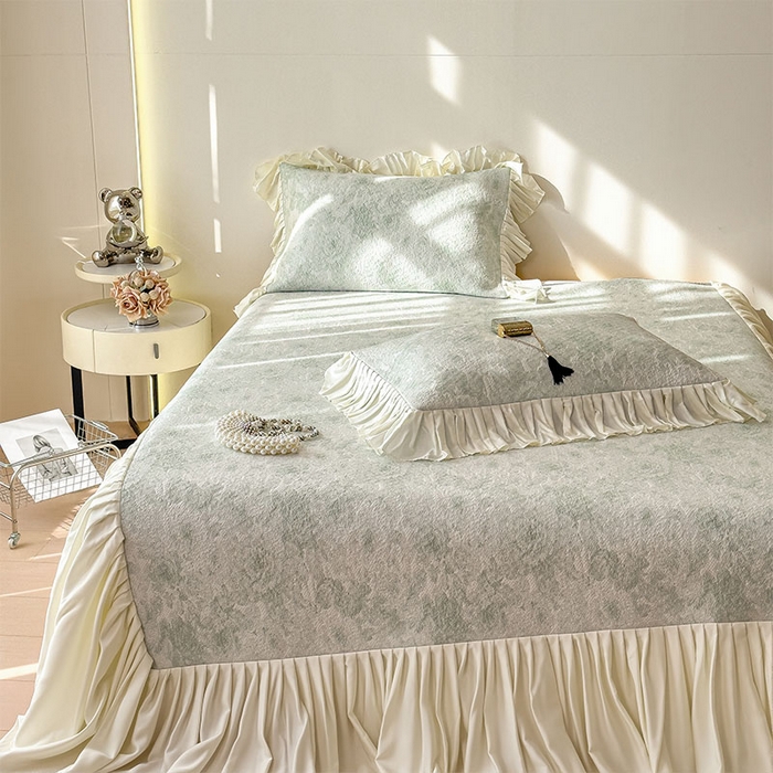 91家纺网 家纺一手货源 找家纺 莱家富 2026新款A类母婴级法式浪漫冰豆豆凉席夏天冰丝席凉感值0.21可机洗家用软席床 玫瑰薄荷绿