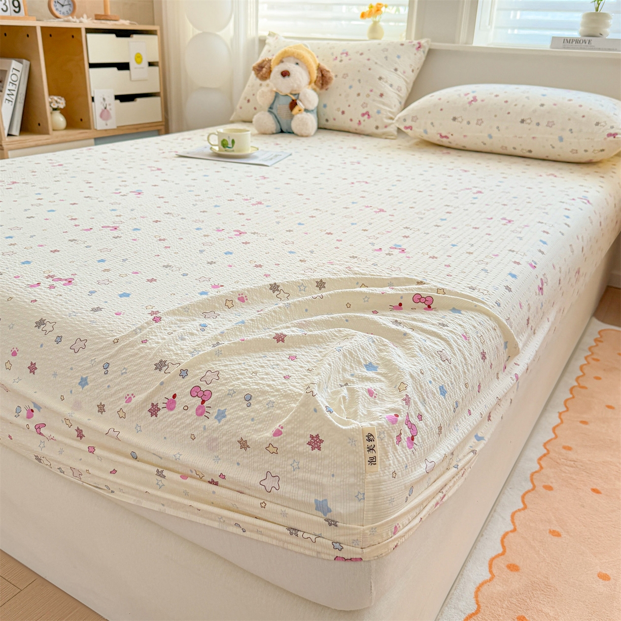 91家纺网 家纺一手货源 找家纺 女子家纺 2026新款亲肤泡芙纱印花床笠单床笠床笠单件 甜心宝贝