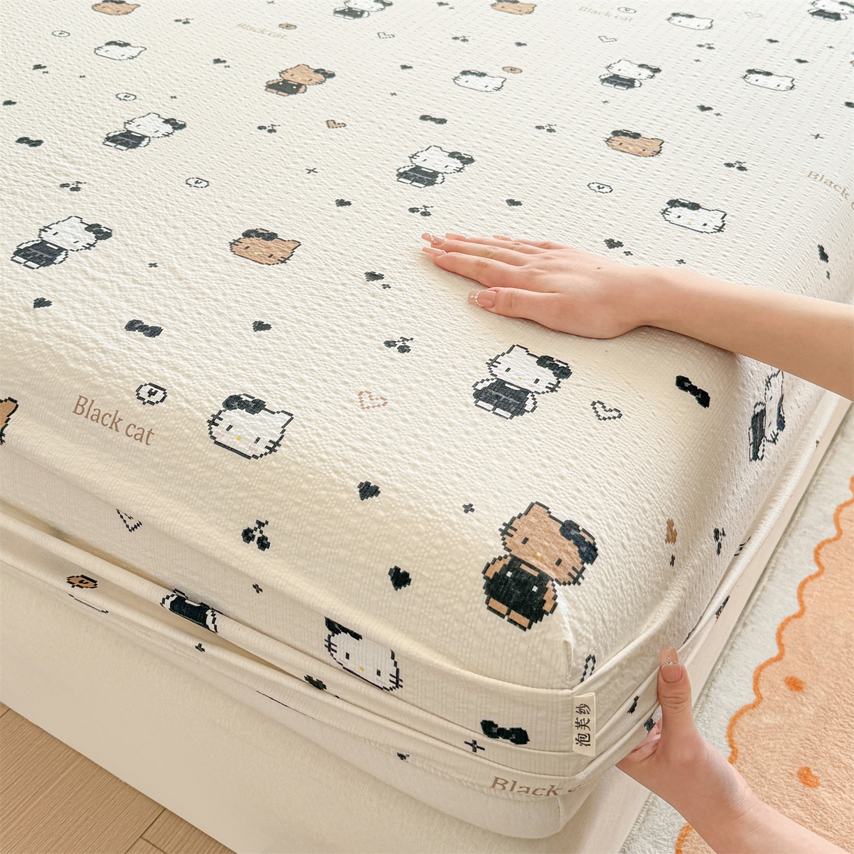 91家纺网 家纺一手货源 找家纺 女子家纺 2026新款亲肤泡芙纱印花床笠单床笠床笠单件 奥利小猫