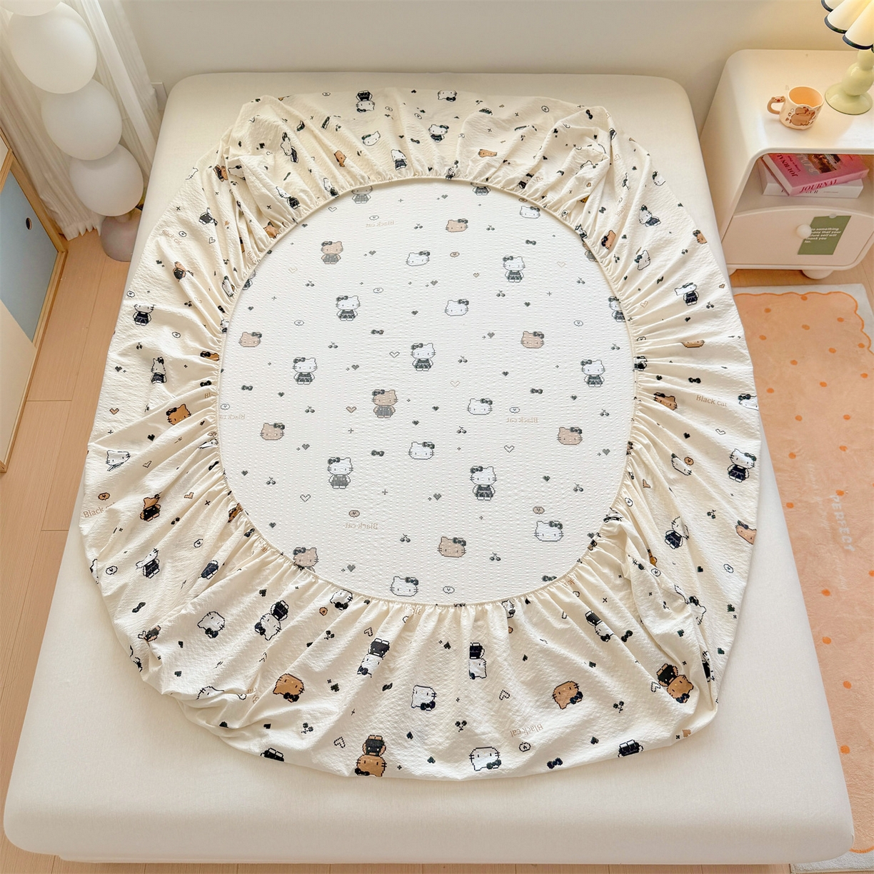 91家纺网 家纺一手货源 找家纺 女子家纺 2026新款亲肤泡芙纱印花床笠单床笠床笠单件 奥利小猫