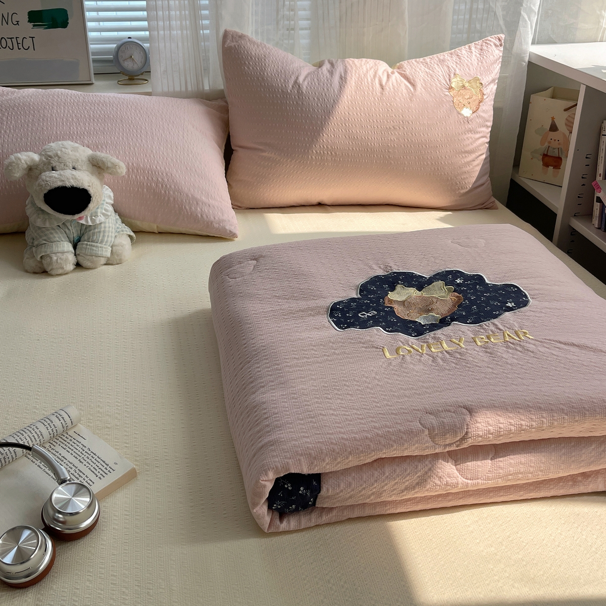 贝扬思家纺 2026新款泡芙纱夏被夏凉被空调被贴布绣套件@小熊日记系列（可爱到犯规的夏被噜） 小熊日记-蓝粉