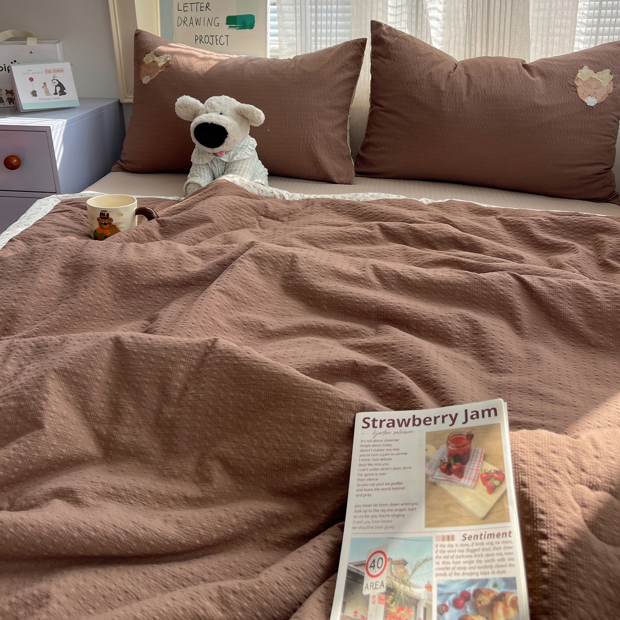 91家纺网 家纺一手货源 找家纺 贝扬思家纺 2026新款泡芙纱夏被夏凉被空调被贴布绣套件@小熊日记系列（可爱到犯规的夏被噜） 小熊日记-咖