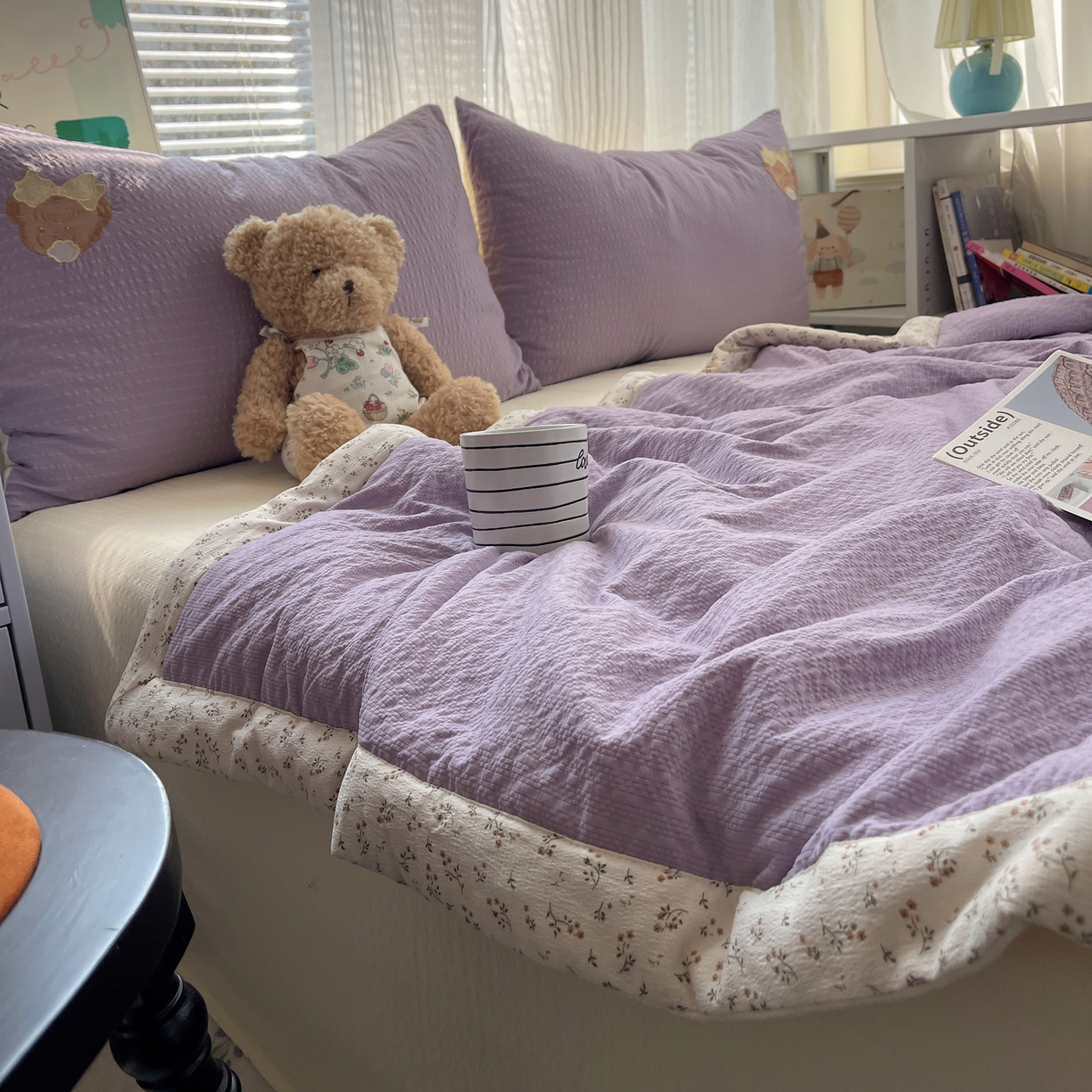 91家纺网 家纺一手货源 找家纺 贝扬思家纺 2026新款泡芙纱夏被夏凉被空调被贴布绣套件@小熊日记系列（可爱到犯规的夏被噜） 小熊日记-紫