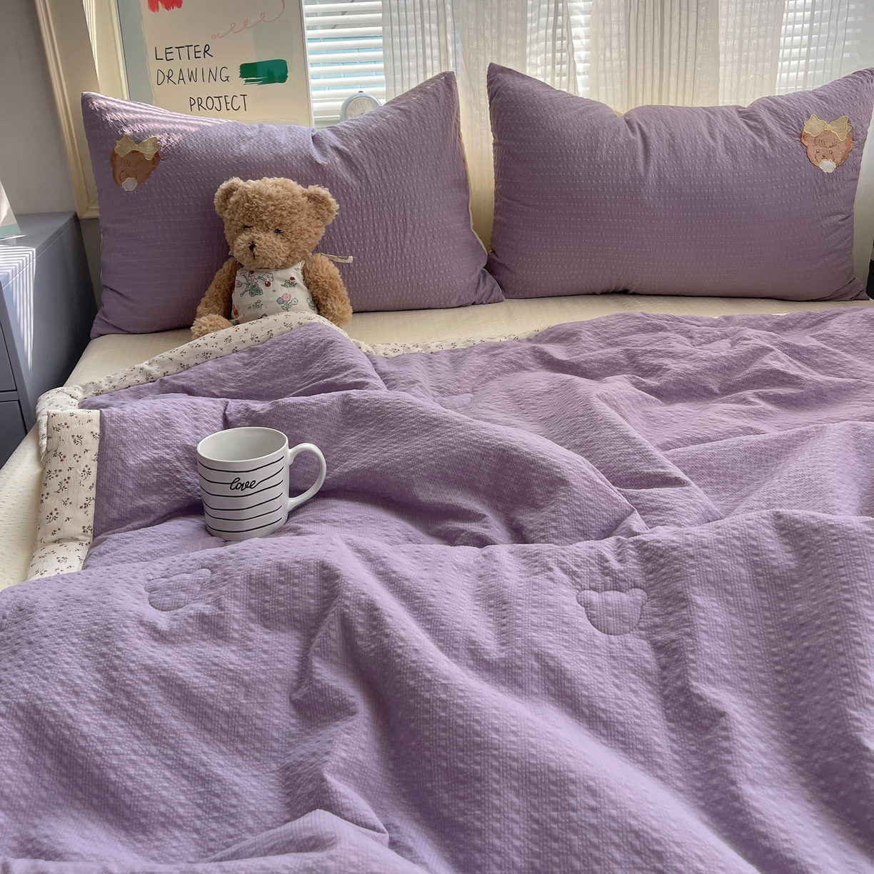 91家纺网 家纺一手货源 找家纺 贝扬思家纺 2026新款泡芙纱夏被夏凉被空调被贴布绣套件@小熊日记系列（可爱到犯规的夏被噜） 小熊日记-紫