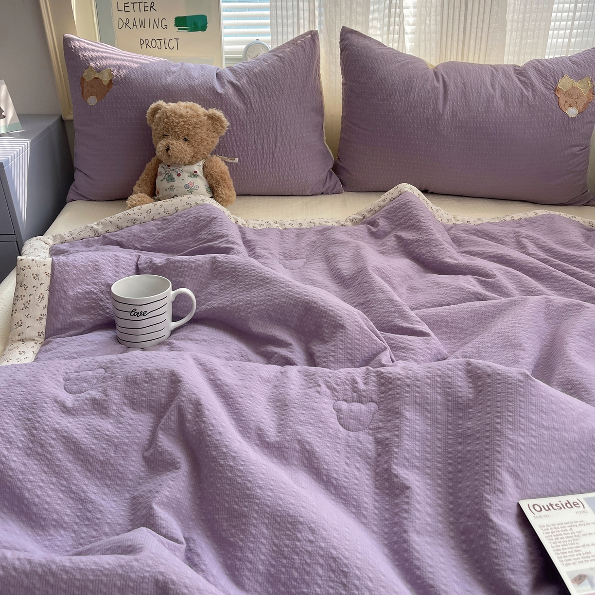 91家纺网 家纺一手货源 找家纺 贝扬思家纺 2026新款泡芙纱夏被夏凉被空调被贴布绣套件@小熊日记系列（可爱到犯规的夏被噜） 小熊日记-紫