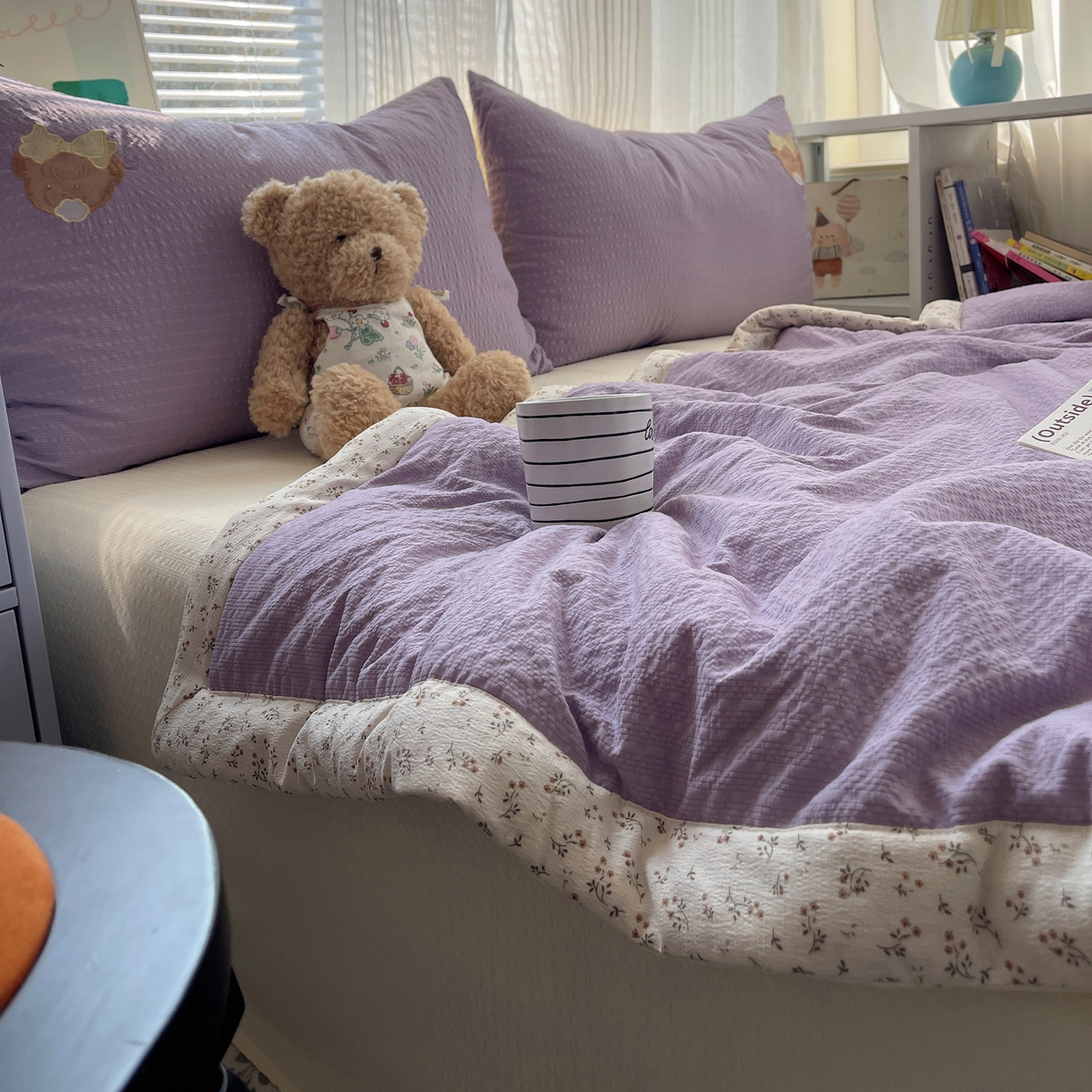 91家纺网 家纺一手货源 找家纺 贝扬思家纺 2026新款泡芙纱夏被夏凉被空调被贴布绣套件@小熊日记系列（可爱到犯规的夏被噜） 小熊日记-紫