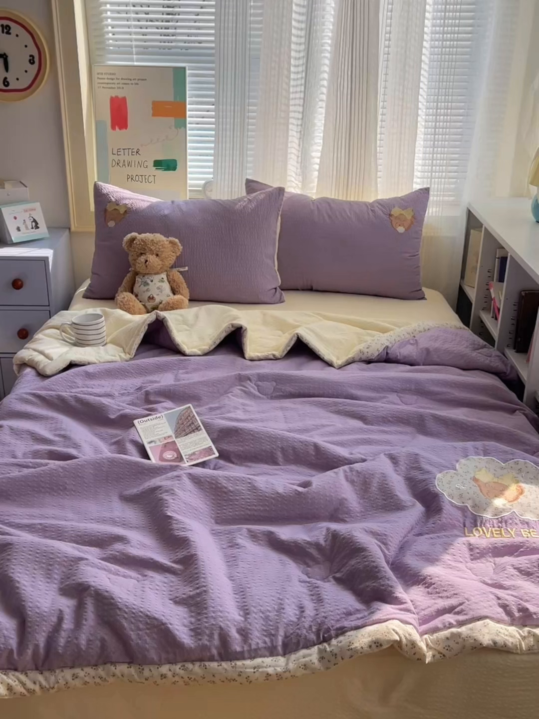 91家纺网 家纺一手货源 找家纺 贝扬思家纺 2026新款泡芙纱夏被夏凉被空调被贴布绣套件@小熊日记系列（可爱到犯规的夏被噜） 小熊日记-紫