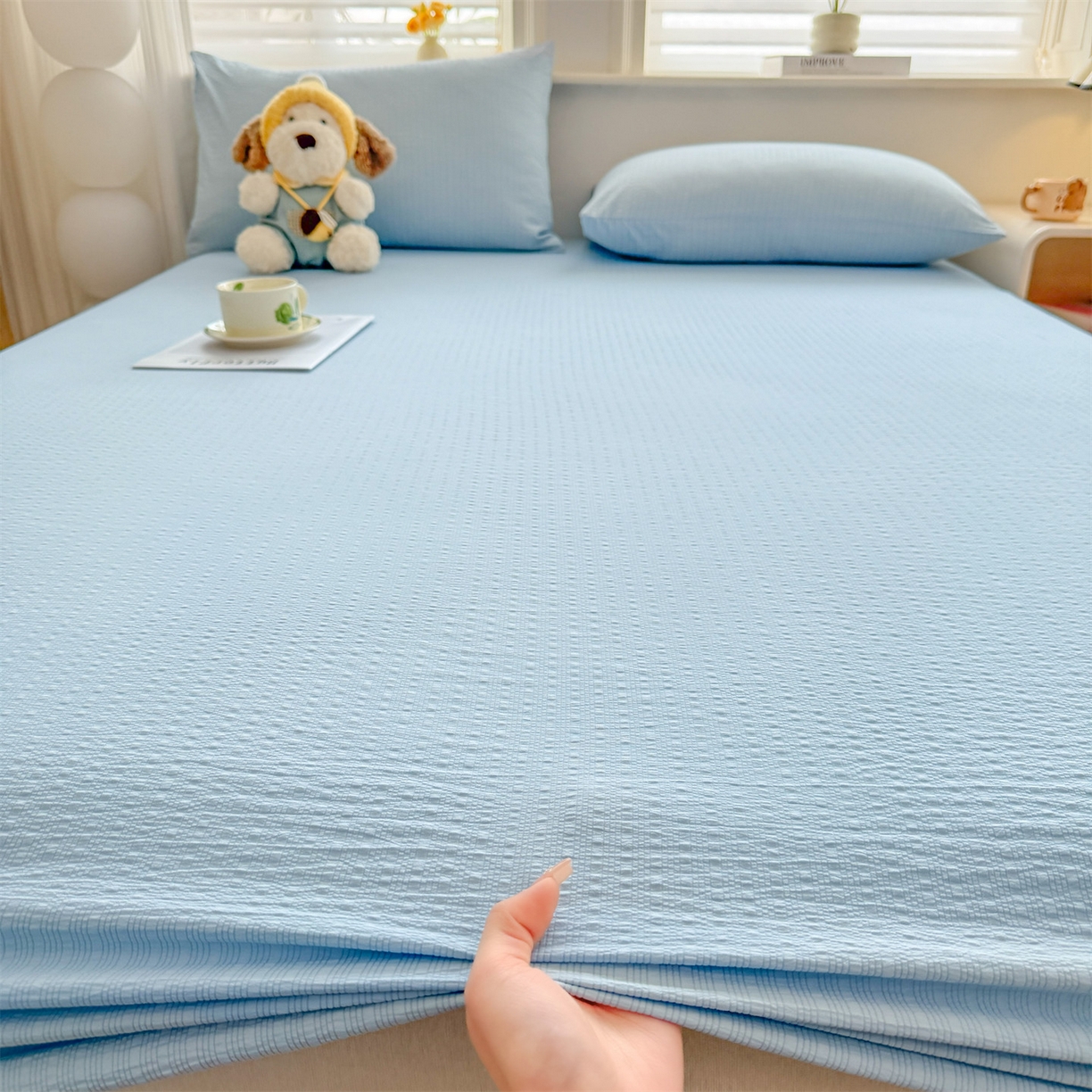 91家纺网 家纺一手货源 找家纺 女子家纺 2026新款亲肤泡芙纱印花床笠单床笠床笠单件 冰川蓝