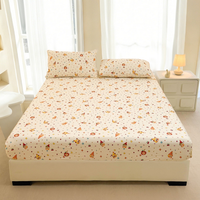 91家纺网 家纺一手货源 找家纺 几禾 2026新款高克重泡芙纱~印花款（单床笠）浅糯系列-110g CL浅糯 旧街星星