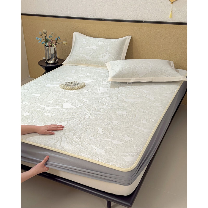 91家纺网 家纺一手货源 找家纺 莱家富 2026新款凉感过0.21夏天家用床单软席子可机洗空调席夏季高端华夫格凉席三件套 床笠款家大叶大-松果绿