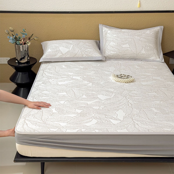 91家纺网 家纺一手货源 找家纺 莱家富 2026新款凉感过0.21夏天家用床单软席子可机洗空调席夏季高端华夫格凉席三件套 床笠款家大叶大-棕雾咖