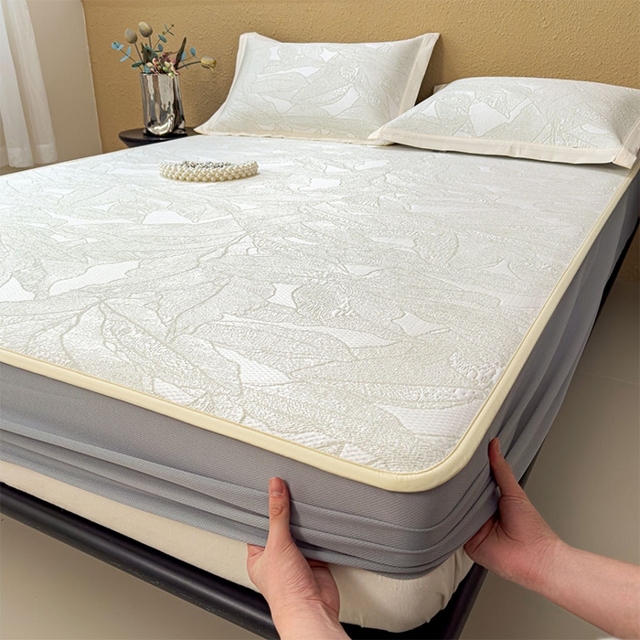 91家纺网 家纺一手货源 找家纺 莱家富 2026新款凉感过0.21夏天家用床单软席子可机洗空调席夏季高端华夫格凉席三件套 床笠款家大叶大-松果绿