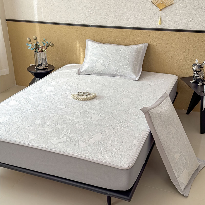 91家纺网 家纺一手货源 找家纺 莱家富 2026新款凉感过0.21夏天家用床单软席子可机洗空调席夏季高端华夫格凉席三件套 床笠款家大叶大-天空蓝