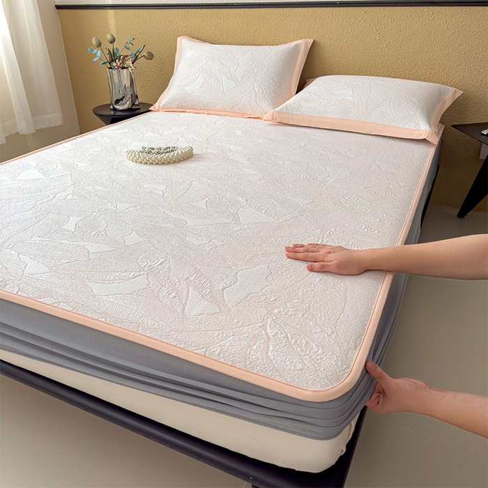 91家纺网 家纺一手货源 找家纺 莱家富 2026新款凉感过0.21夏天家用床单软席子可机洗空调席夏季高端华夫格凉席三件套 床笠款家大叶大-贝壳粉