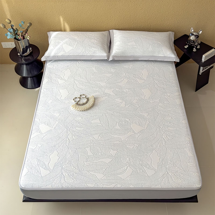 91家纺网 家纺一手货源 找家纺 莱家富 2026新款凉感过0.21夏天家用床单软席子可机洗空调席夏季高端华夫格凉席三件套 床笠款家大叶大-天空蓝