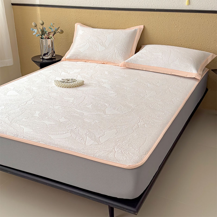 91家纺网 家纺一手货源 找家纺 莱家富 2026新款凉感过0.21夏天家用床单软席子可机洗空调席夏季高端华夫格凉席三件套 床笠款家大叶大-贝壳粉