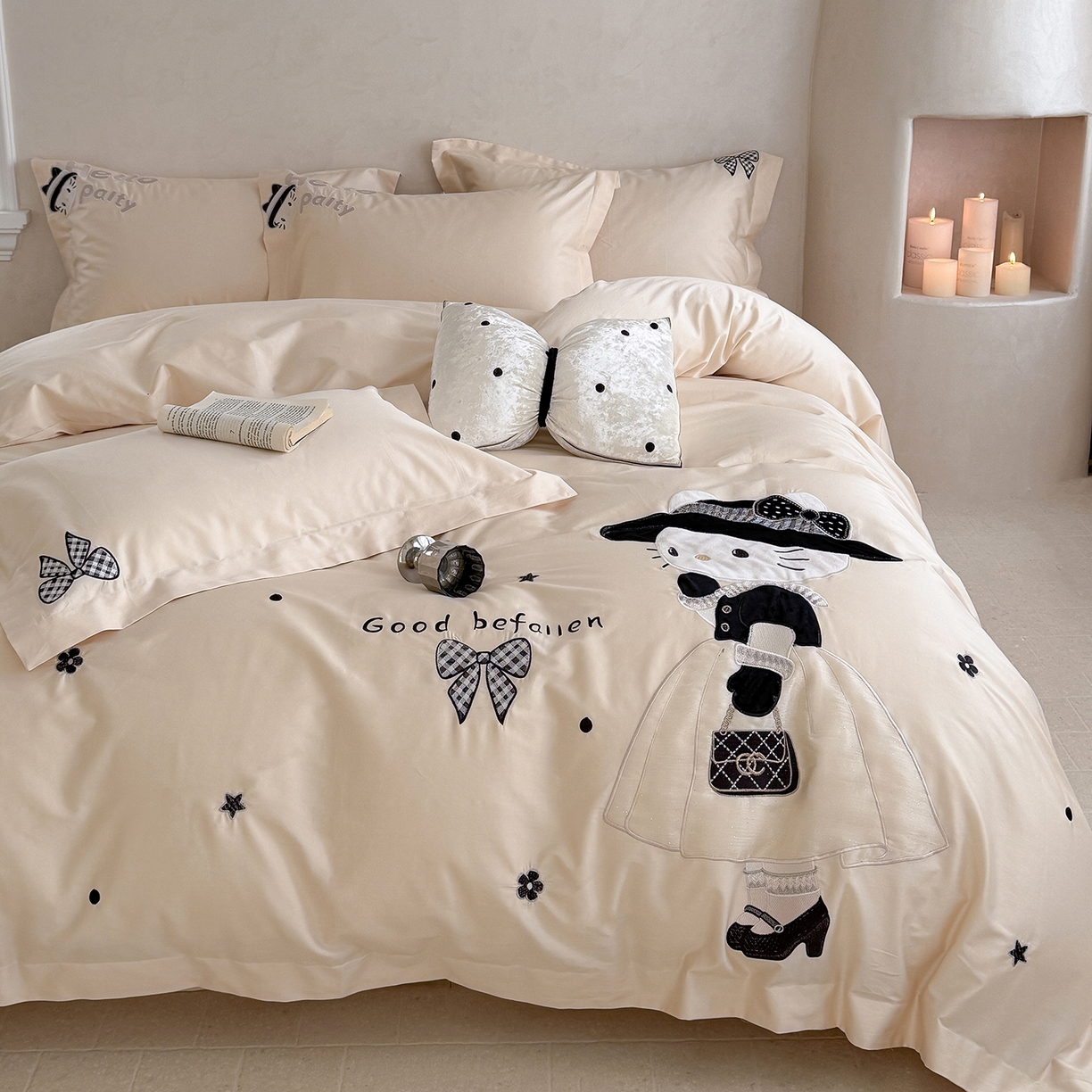 91家纺网 家纺一手货源 找家纺 （总）优悦生活馆 2026新款全棉贴布绣四件套-喵喵小香风