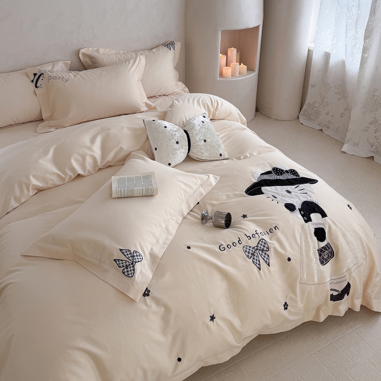 91家纺网 家纺一手货源 找家纺 （总）优悦生活馆 2026新款全棉贴布绣四件套-喵喵小香风