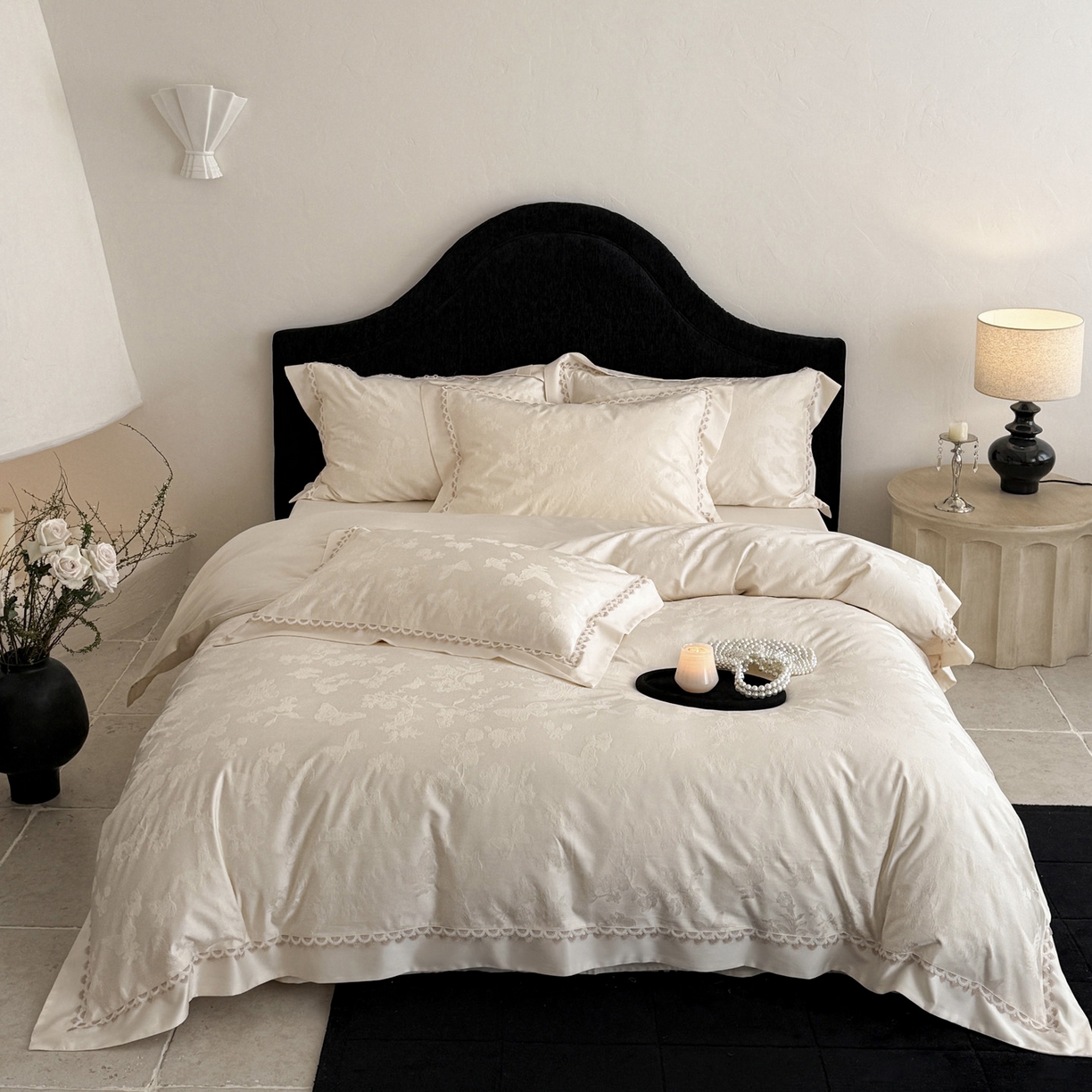 91家纺网 家纺一手货源 找家纺 爱缦 2026新款玫瑰蝶翼系列高精密金银丝天丝棉提花工艺款优质高端四件套 云朵白