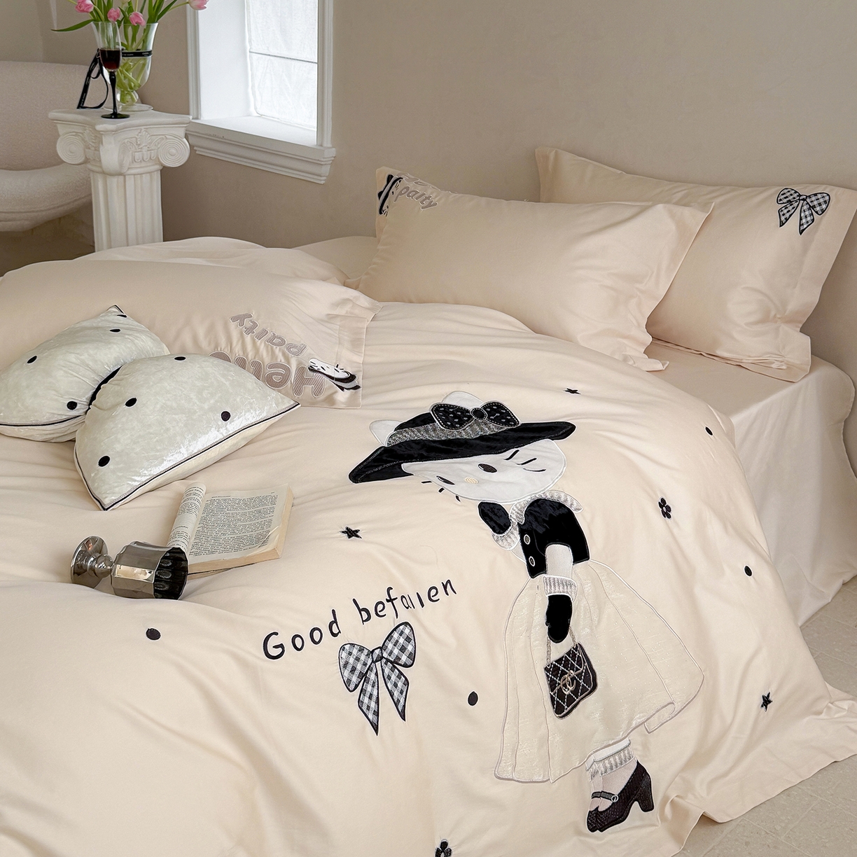 91家纺网 家纺一手货源 找家纺 （总）优悦生活馆 2026新款全棉贴布绣四件套-喵喵小香风