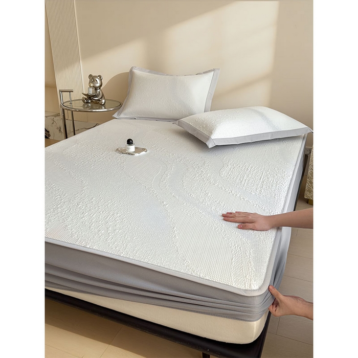 91家纺网 家纺一手货源 找家纺 莱家富 2026新款冰丝凉席子夏天家用凉感值过0.21冰豆豆A类母婴级床单床笠可机洗-云 床笠款点点蓝