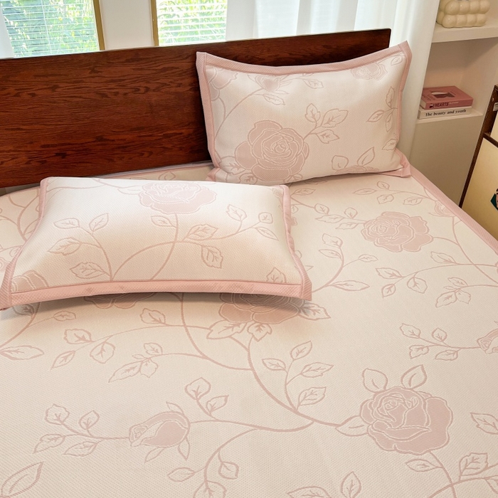 91家纺网 家纺一手货源 找家纺 川悦生活 2026新款PE凉感提花豆豆席平铺款三件套 沐月玫瑰-清粉