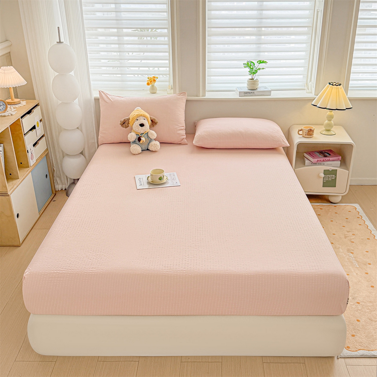 91家纺网 家纺一手货源 找家纺 女子家纺 2026新款亲肤泡芙纱印花床笠单床笠床笠单件 芙蓉粉