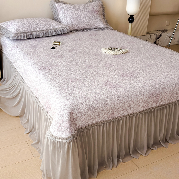 莱家富 2026新款公主风凉感值过0.21空调席子软席冰豆豆凉席三件套-蝴蝶床裙款 蝶舞花语-雾雅紫