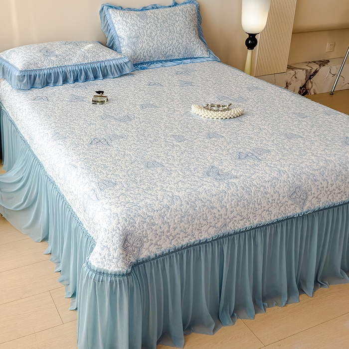 莱家富 2026新款公主风凉感值过0.21空调席子软席冰豆豆凉席三件套-蝴蝶床裙款 蝶舞花语-清新蓝