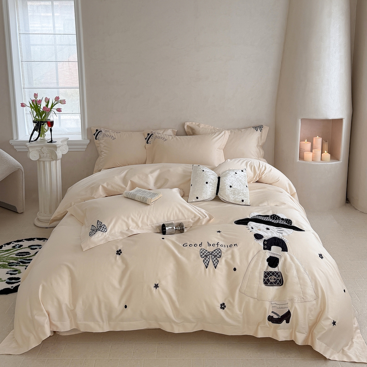 91家纺网 家纺一手货源 找家纺 （总）优悦生活馆 2026新款全棉贴布绣四件套-喵喵小香风