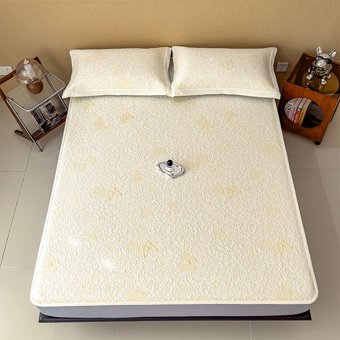 91家纺网 家纺一手货源 找家纺 莱家富 2026新款公主风凉感值过0.21空调席子软席冰豆豆凉席三件套-蝴蝶蝶舞花语系列 床笠款蝶舞花语-泡泡黄