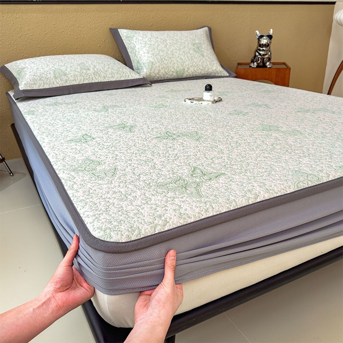 91家纺网 家纺一手货源 找家纺 莱家富 2026新款公主风凉感值过0.21空调席子软席冰豆豆凉席三件套-蝴蝶蝶舞花语系列 床笠款蝶舞花语-森林绿