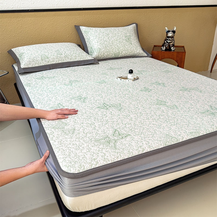 91家纺网 家纺一手货源 找家纺 莱家富 2026新款公主风凉感值过0.21空调席子软席冰豆豆凉席三件套-蝴蝶蝶舞花语系列 床笠款蝶舞花语-森林绿