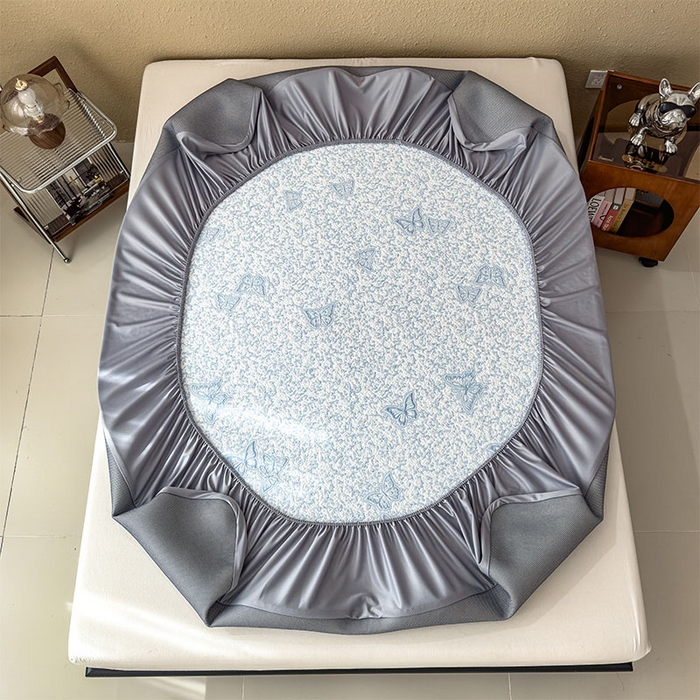 91家纺网 家纺一手货源 找家纺 莱家富 2026新款公主风凉感值过0.21空调席子软席冰豆豆凉席三件套-蝴蝶蝶舞花语系列 床笠款蝶舞花语-清新蓝