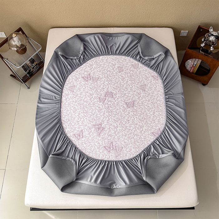 91家纺网 家纺一手货源 找家纺 莱家富 2026新款公主风凉感值过0.21空调席子软席冰豆豆凉席三件套-蝴蝶蝶舞花语系列 床笠款蝶舞花语-雾雅紫