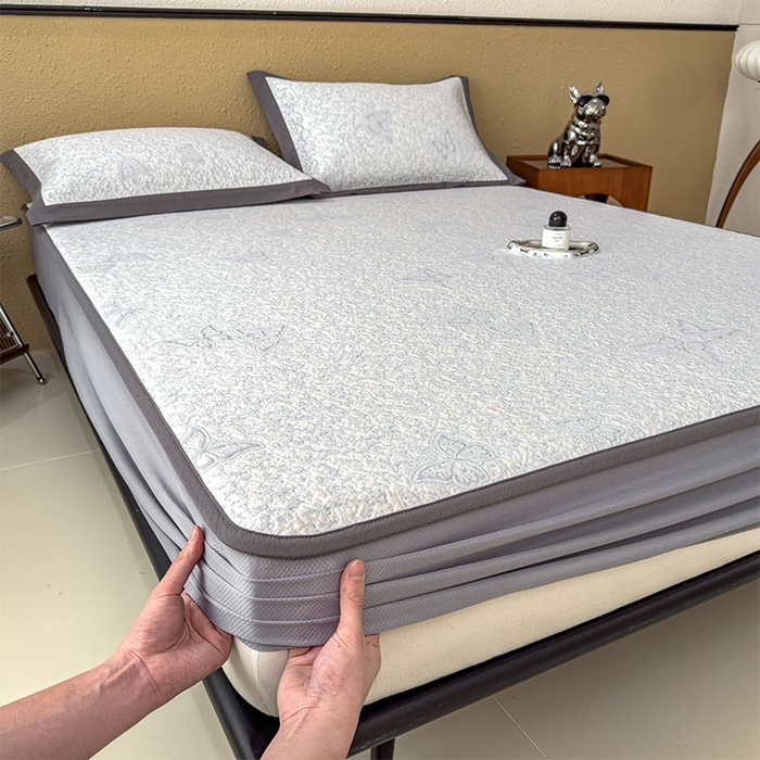 91家纺网 家纺一手货源 找家纺 莱家富 2026新款公主风凉感值过0.21空调席子软席冰豆豆凉席三件套-蝴蝶蝶舞花语系列 床笠款蝶舞花语-淡蓝