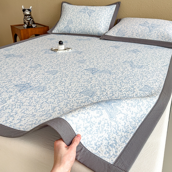 莱家富 2026新款公主风凉感值过0.21空调席子软席冰豆豆凉席三件套-蝴蝶蝶舞花语系列 床席款蝶舞花语-清新蓝