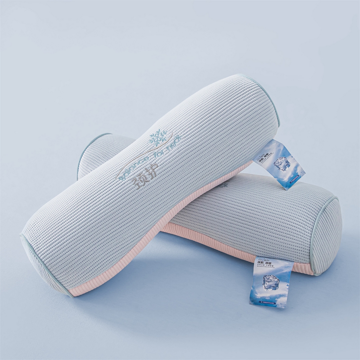 91家纺网 家纺一手货源 找家纺 麦肯锡 2026新款柔纹花眠小蛮腰荞麦护颈枕枕头枕芯 蓝拼粉