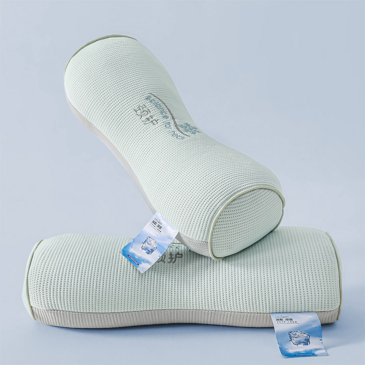 91家纺网 家纺一手货源 找家纺 麦肯锡 2026新款柔纹花眠小蛮腰荞麦护颈枕枕头枕芯 绿拼灰