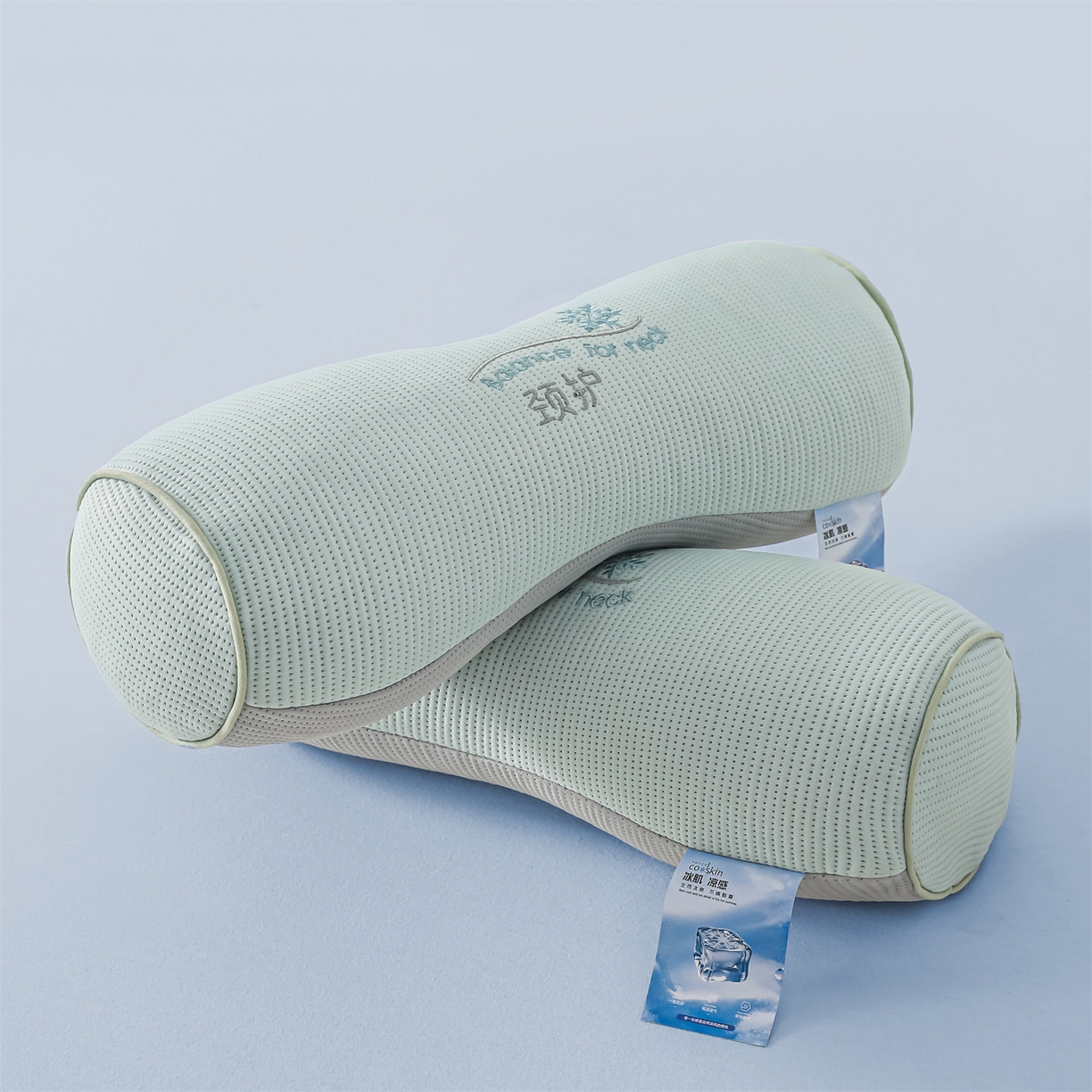 91家纺网 家纺一手货源 找家纺 麦肯锡 2026新款柔纹花眠小蛮腰荞麦护颈枕枕头枕芯 绿拼灰