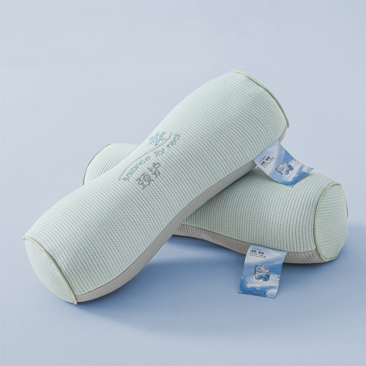 91家纺网 家纺一手货源 找家纺 麦肯锡 2026新款柔纹花眠小蛮腰荞麦护颈枕枕头枕芯 绿拼灰