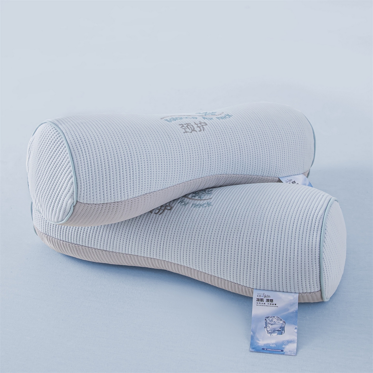 91家纺网 家纺一手货源 找家纺 麦肯锡 2026新款柔纹花眠小蛮腰荞麦护颈枕枕头枕芯 蓝拼灰