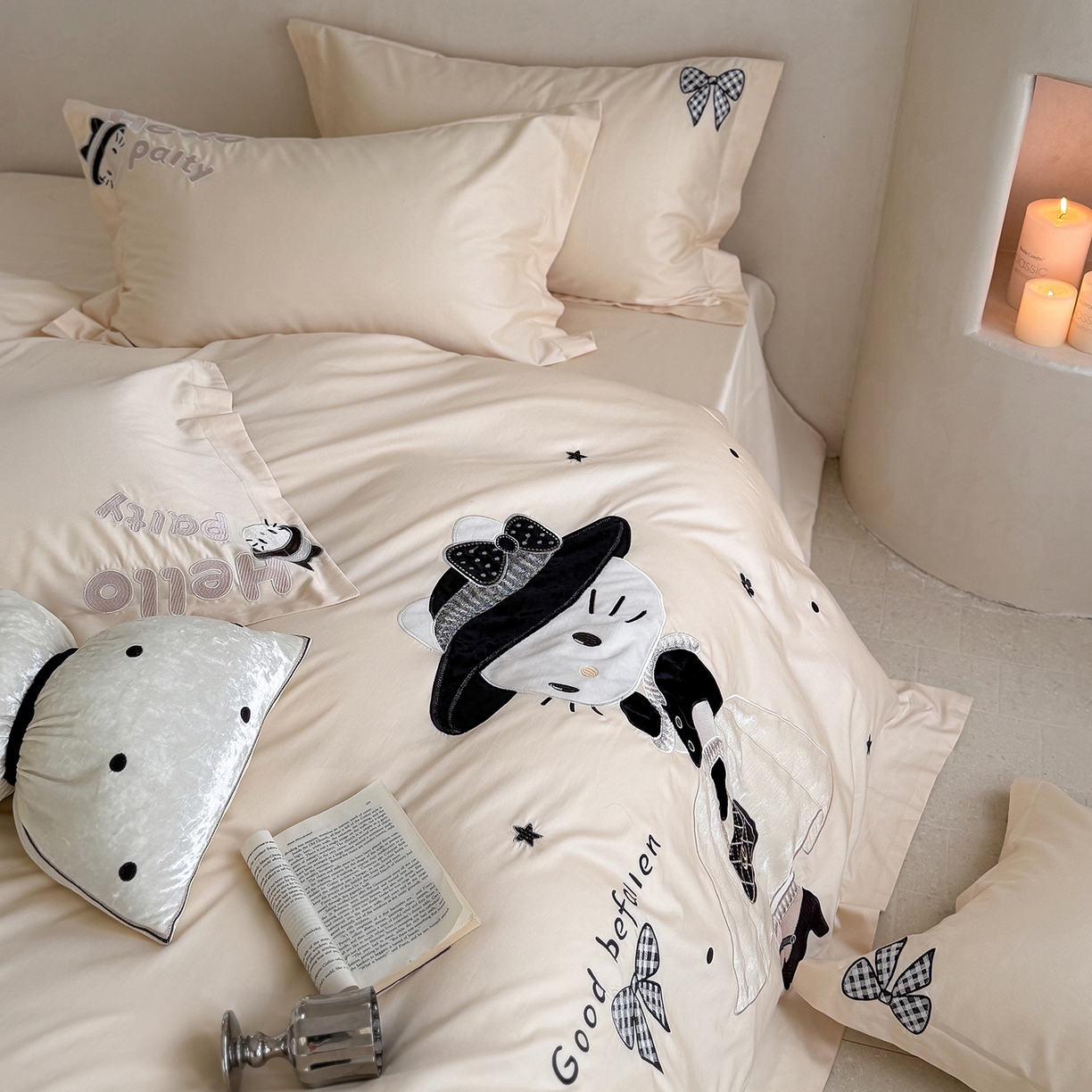 91家纺网 家纺一手货源 找家纺 优悦生活馆 2026新款全棉贴布绣四件套-喵喵小香风 喵喵小香风-米色