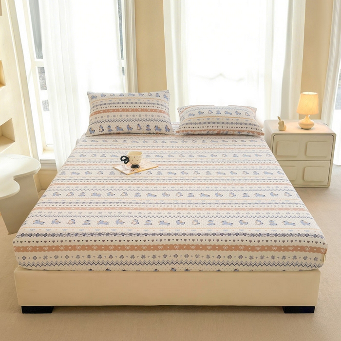 91家纺网 家纺一手货源 找家纺 几禾 2026新款高克重泡芙纱~印花款（单床笠）浅糯系列-110g CL浅糯-费尔岛木马